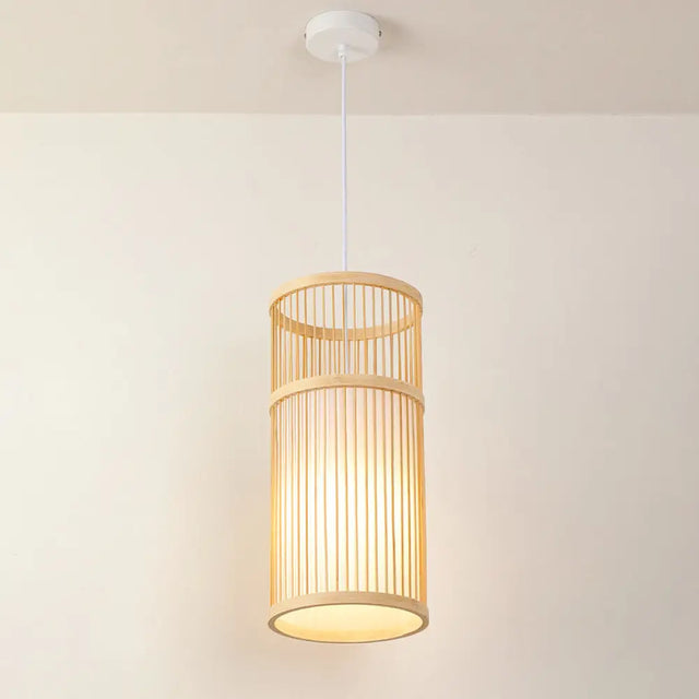 Asian Style Bamboo Pendant With Diamond Drum And Barrel Drops - 1-Light Hanging Light Kit For