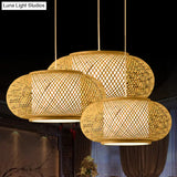Asian Style Bamboo & Rattan Weaving Drum Pendant Lamp Beige
