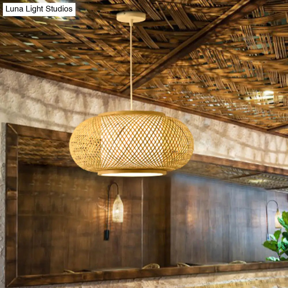Asian Style Bamboo & Rattan Weaving Drum Pendant Lamp Beige
