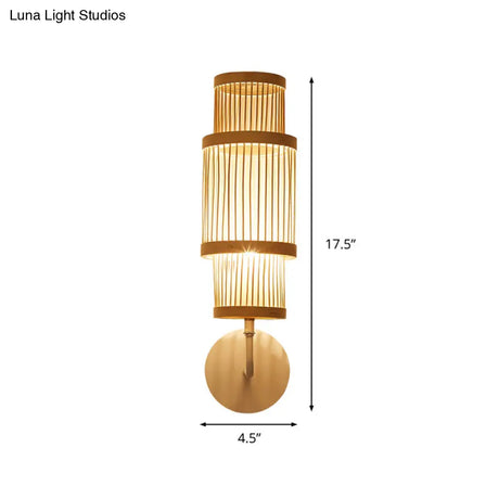 Asian Style Bamboo Wall Lamp Cylinder Fixture Single Bulb Wood Lighting With Curved Arm Ideal For