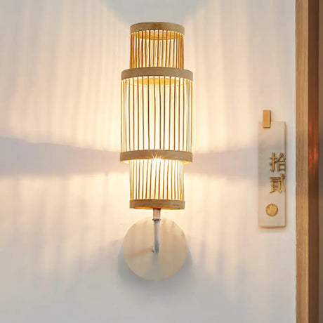 Asian Style Bamboo Wall Lamp Cylinder Fixture Single Bulb Wood Lighting With Curved Arm Ideal For