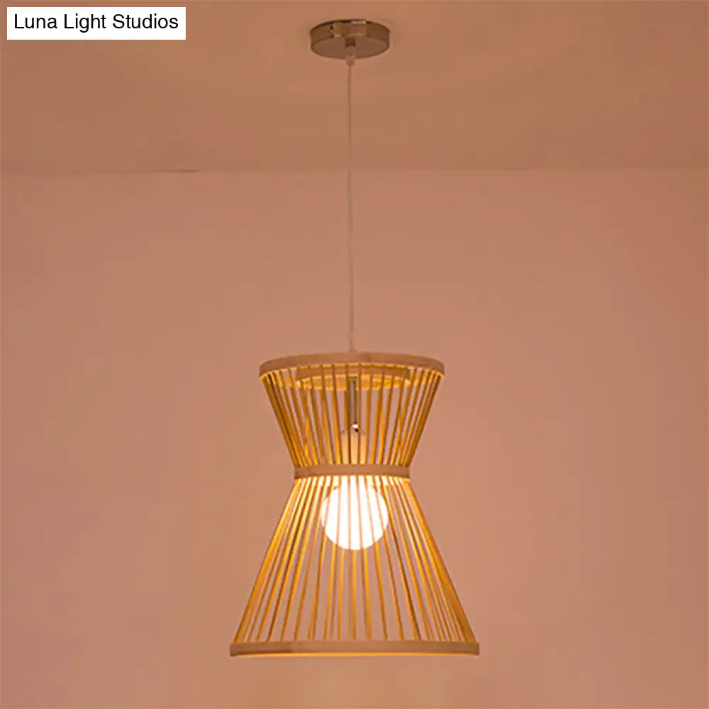 Asian Style Hourglass Pendant Lamp - Bamboo 1 Bulb Beige Suspension Light For Foyer