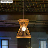 Asian Style Hourglass Pendant Lamp - Bamboo 1 Bulb Beige Suspension Light For Foyer