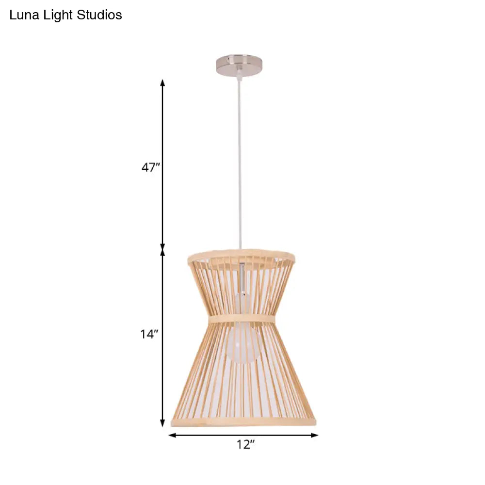 Asian Style Hourglass Pendant Lamp - Bamboo 1 Bulb Beige Suspension Light For Foyer