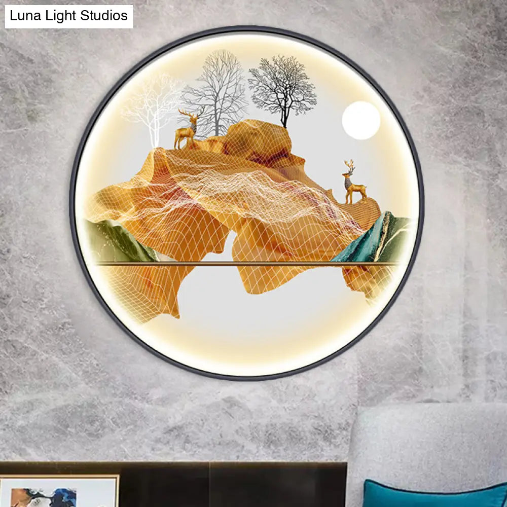 Asian-Style Led Fabric Wall Mural Mount Lamp - Yellow/Green Circle Light With Landscape Pattern