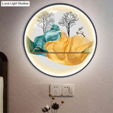 Asian-Style Led Fabric Wall Mural Mount Lamp - Yellow/Green Circle Light With Landscape Pattern