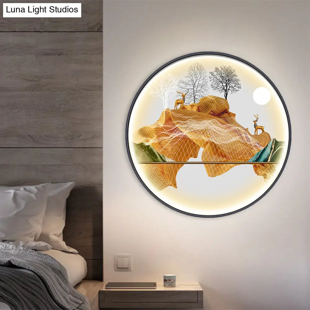 Asian-Style Led Fabric Wall Mural Mount Lamp - Yellow/Green Circle Light With Landscape Pattern