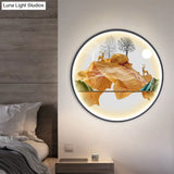 Asian-Style Led Fabric Wall Mural Mount Lamp - Yellow/Green Circle Light With Landscape Pattern