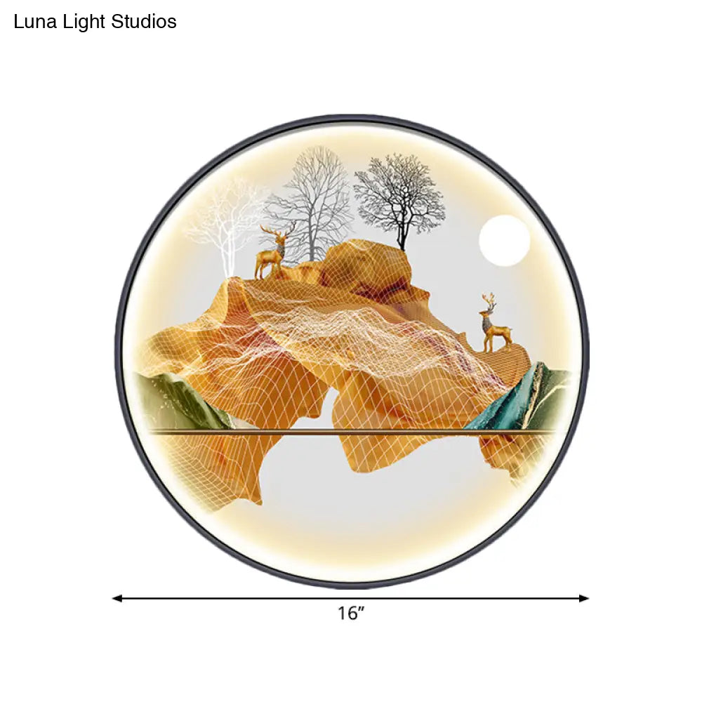 Asian-Style Led Fabric Wall Mural Mount Lamp - Yellow/Green Circle Light With Landscape Pattern