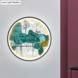 Asian-Style Led Fabric Wall Mural Mount Lamp - Yellow/Green Circle Light With Landscape Pattern