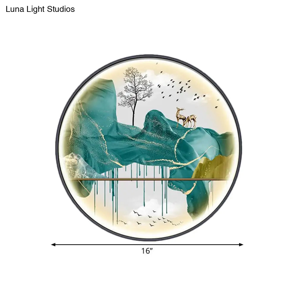 Asian-Style Led Fabric Wall Mural Mount Lamp - Yellow/Green Circle Light With Landscape Pattern