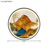 Asian-Style Led Fabric Wall Mural Mount Lamp - Yellow/Green Circle Light With Landscape Pattern
