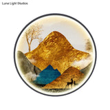 Asian-Style Led Fabric Wall Mural Mount Lamp - Yellow/Green Circle Light With Landscape Pattern