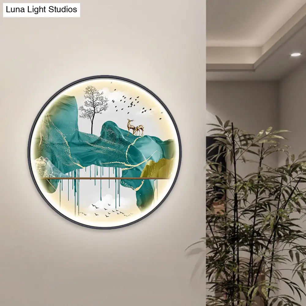Asian-Style Led Fabric Wall Mural Mount Lamp - Yellow/Green Circle Light With Landscape Pattern