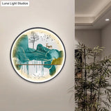 Asian-Style Led Fabric Wall Mural Mount Lamp - Yellow/Green Circle Light With Landscape Pattern