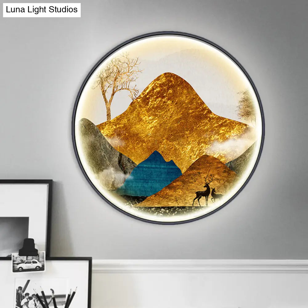 Asian-Style Led Fabric Wall Mural Mount Lamp - Yellow/Green Circle Light With Landscape Pattern