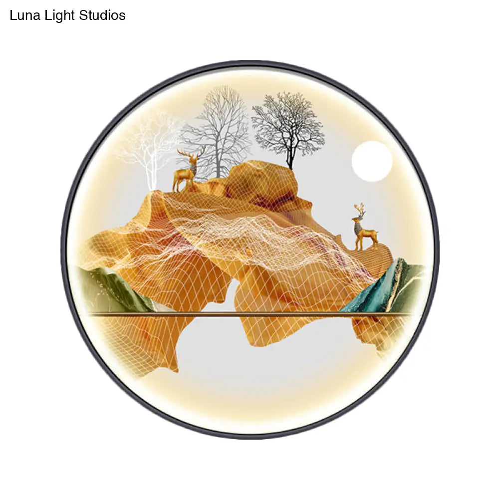 Asian-Style Led Fabric Wall Mural Mount Lamp - Yellow/Green Circle Light With Landscape Pattern