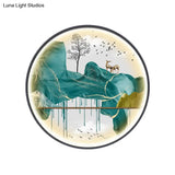 Asian-Style Led Fabric Wall Mural Mount Lamp - Yellow/Green Circle Light With Landscape Pattern