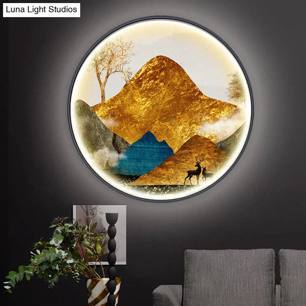 Asian-Style Led Fabric Wall Mural Mount Lamp - Yellow/Green Circle Light With Landscape Pattern