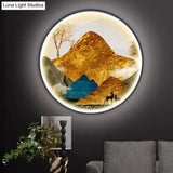 Asian-Style Led Fabric Wall Mural Mount Lamp - Yellow/Green Circle Light With Landscape Pattern