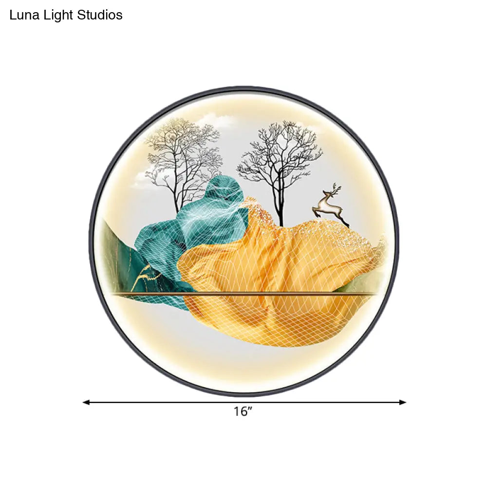 Asian-Style Led Fabric Wall Mural Mount Lamp - Yellow/Green Circle Light With Landscape Pattern