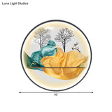 Asian-Style Led Fabric Wall Mural Mount Lamp - Yellow/Green Circle Light With Landscape Pattern