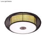 Asian Style Round Bamboo Shade Ceiling Light - 3/4 Lights Black/Wood Fixture For Bedroom 18’/22’ Dia