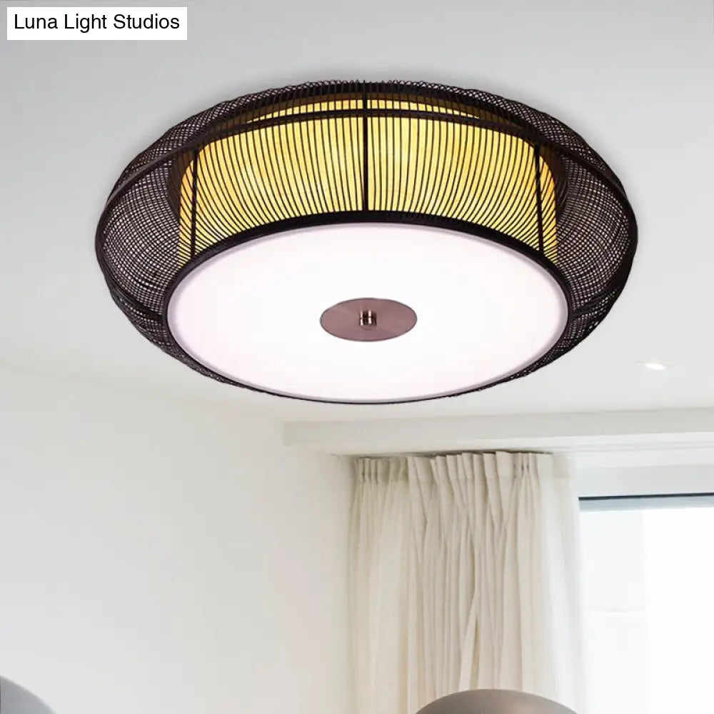 Asian Style Round Bamboo Shade Ceiling Light - 3/4 Lights Black/Wood Fixture For Bedroom 18’/22’ Dia