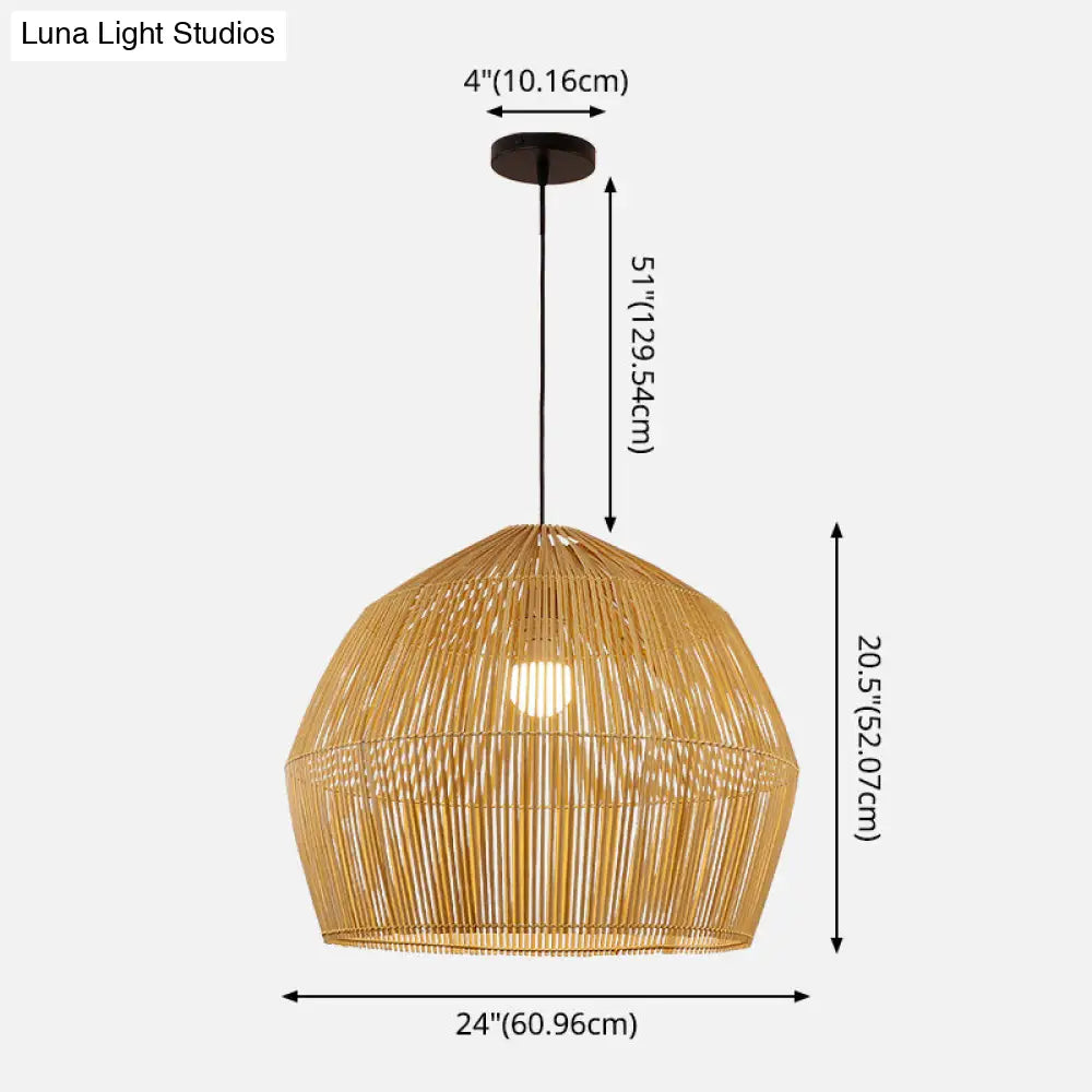 Asian Style Round Pendant Light: 1-Bulb Wood Suspension Fixture For Balcony
