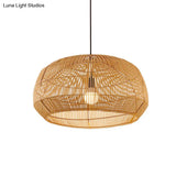 Asian Style Round Pendant Light: 1-Bulb Wood Suspension Fixture For Balcony