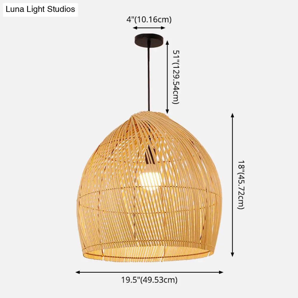 Asian Style Round Pendant Light: 1-Bulb Wood Suspension Fixture For Balcony