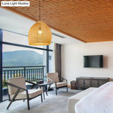 Asian Style Round Pendant Light: 1-Bulb Wood Suspension Fixture For Balcony