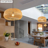 Asian Style Round Pendant Light: 1-Bulb Wood Suspension Fixture For Balcony