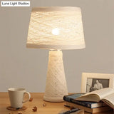 Asian Style Study Room Desk Light: White/Tan Reading Lamp With Rattan Shade