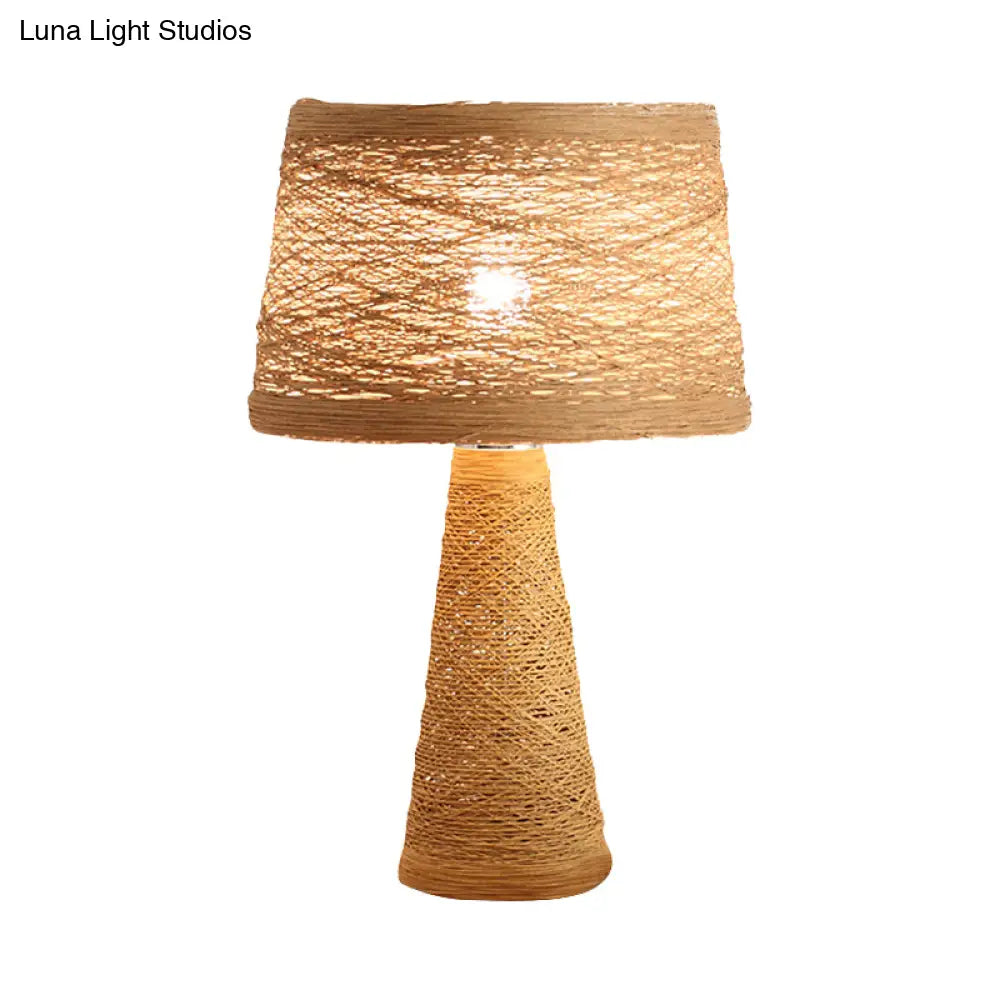 Asian Style Study Room Desk Light: White/Tan Reading Lamp With Rattan Shade