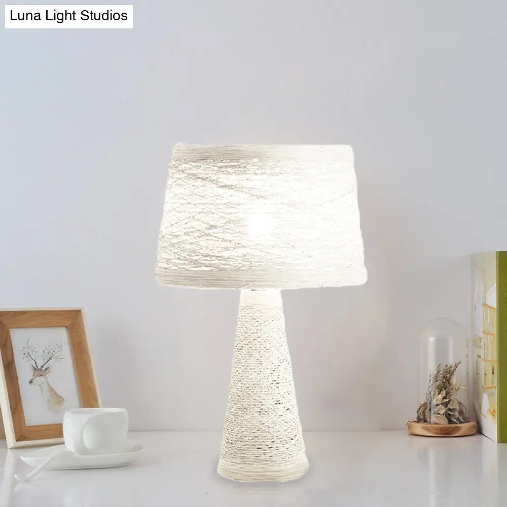 Asian Style Study Room Desk Light: White/Tan Reading Lamp With Rattan Shade