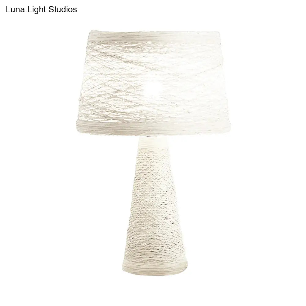 Asian Style Study Room Desk Light: White/Tan Reading Lamp With Rattan Shade
