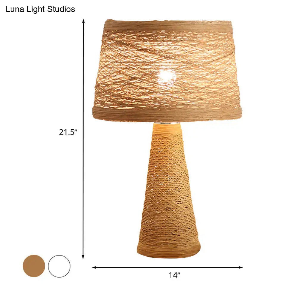 Asian Style Study Room Desk Light: White/Tan Reading Lamp With Rattan Shade