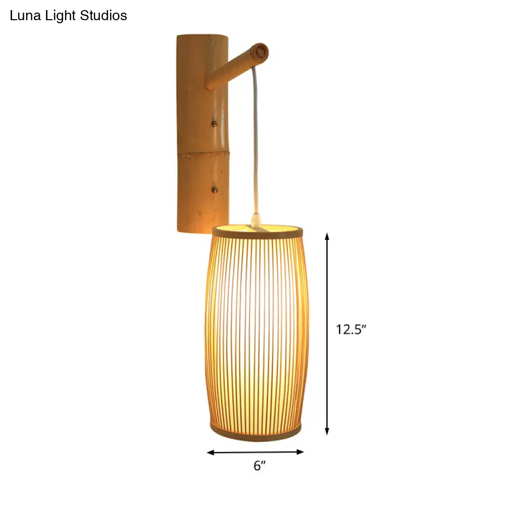 Asian-Style Wooden Wall Lamp With Bamboo Shade For Hallways