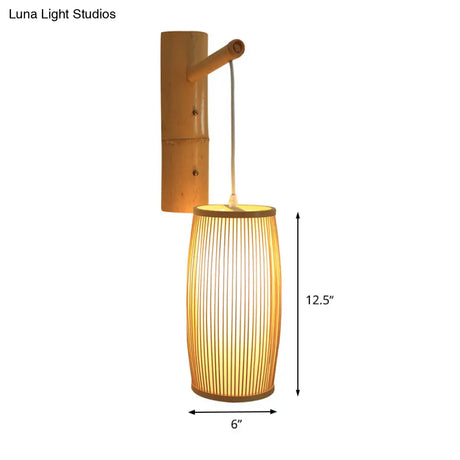 Asian-Style Wooden Wall Lamp With Bamboo Shade For Hallways