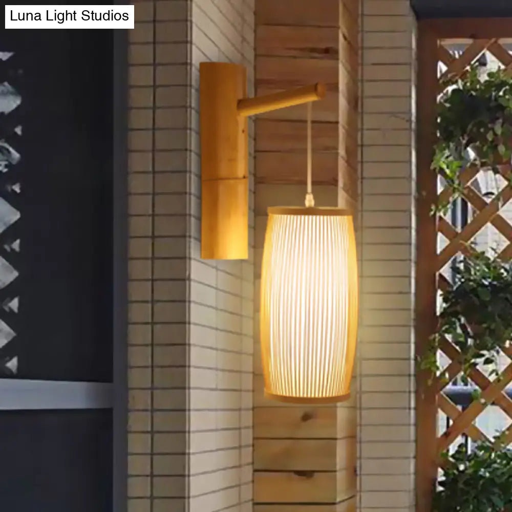 Asian-Style Wooden Wall Lamp With Bamboo Shade For Hallways