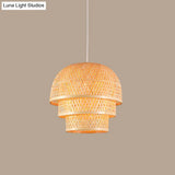 Asian Wood Pendant Lamp With Bamboo Shade For Restaurant Down Lighting