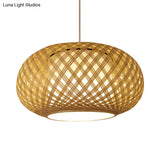 Asian Wood Pendant Light With Lantern Bamboo Shade For Tearoom Ceiling