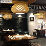 Asian Wood Pendant Light With Lantern Bamboo Shade For Tearoom Ceiling