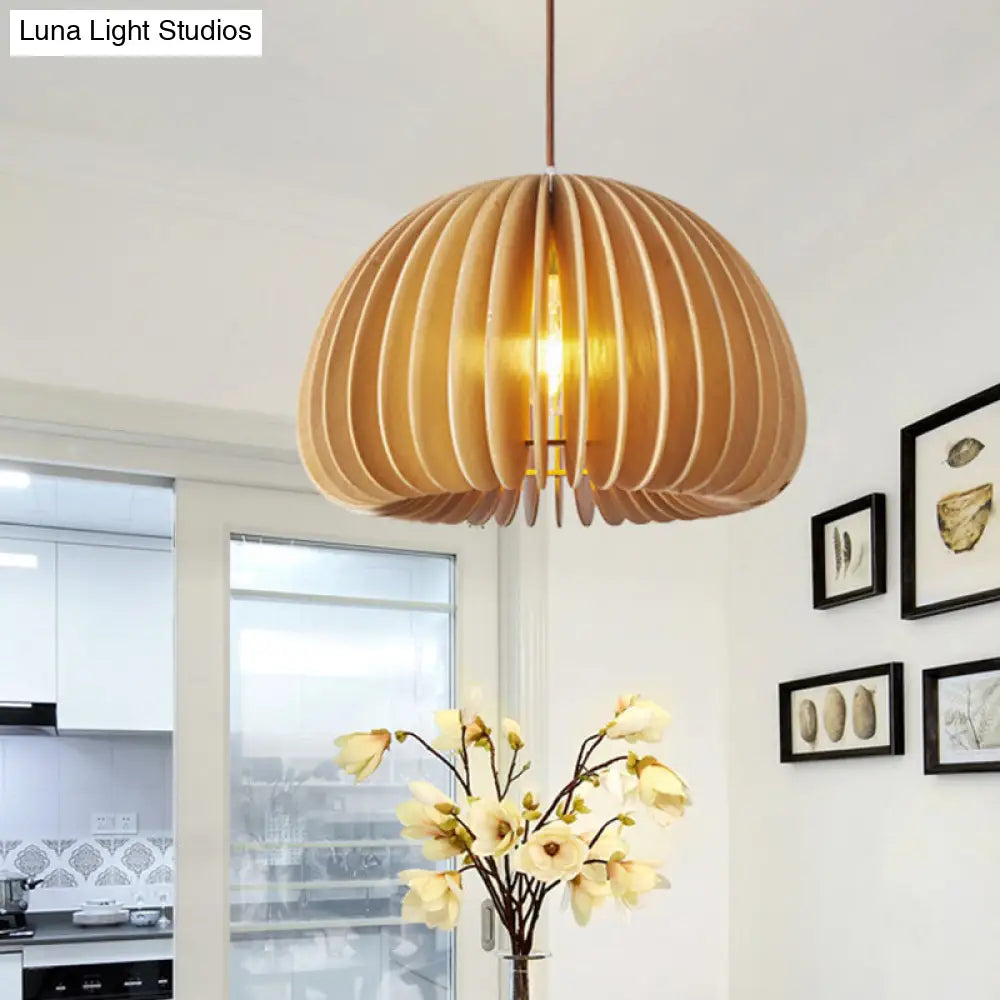 Asian Wooden Slat Hanging Lamp: Hemispherical Ceiling Light In Beige - 1 Bulb Restaurant Lighting