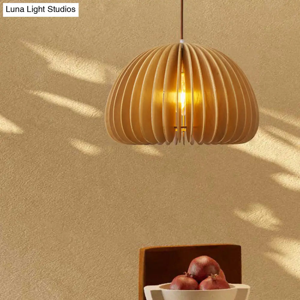 Asian Wooden Slat Hanging Lamp: Hemispherical Ceiling Light In Beige - 1 Bulb Restaurant Lighting
