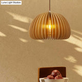 Asian Wooden Slat Hanging Lamp: Hemispherical Ceiling Light In Beige - 1 Bulb Restaurant Lighting
