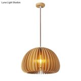 Asian Wooden Slat Hanging Lamp: Hemispherical Ceiling Light In Beige - 1 Bulb Restaurant Lighting