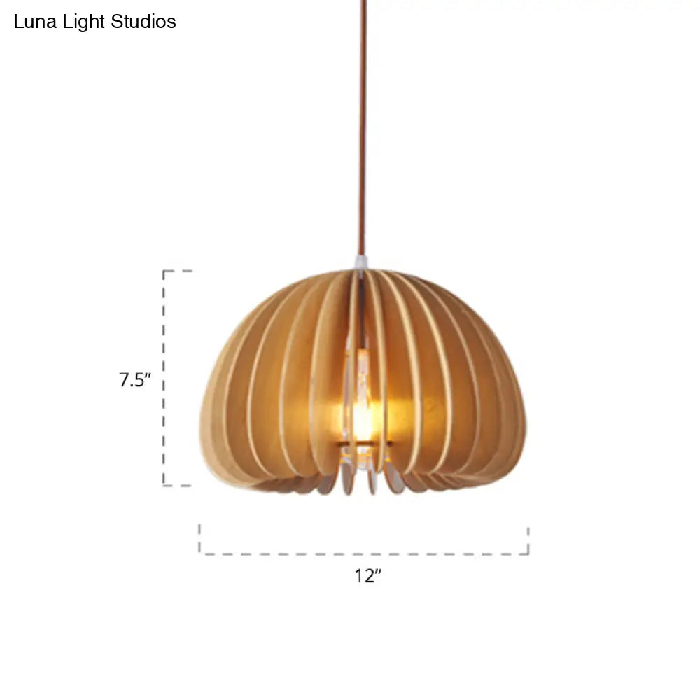 Asian Wooden Slat Hanging Lamp: Hemispherical Ceiling Light In Beige - 1 Bulb Restaurant Lighting
