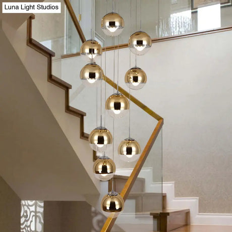 Aurora - Mirrored Glass Round Shade Suspension Light Simplicity 10 Heads Multi Pendant Lighting